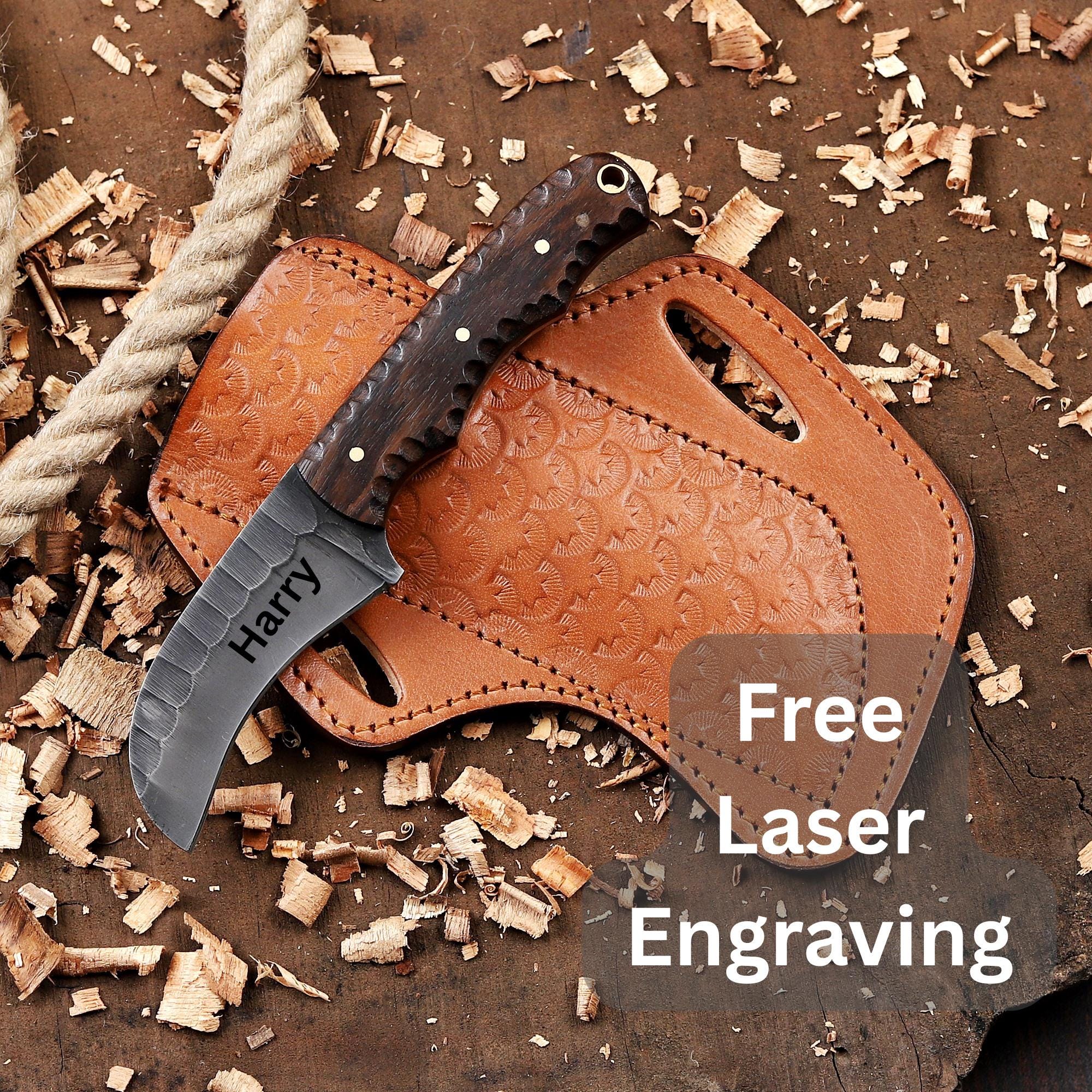 Personalized EDC Hawkbill Knife with Sheath – Custom Fixed Blade Knives Gift for Men, Laser Engraved Gifts for Groomsmen, Husband, Father
