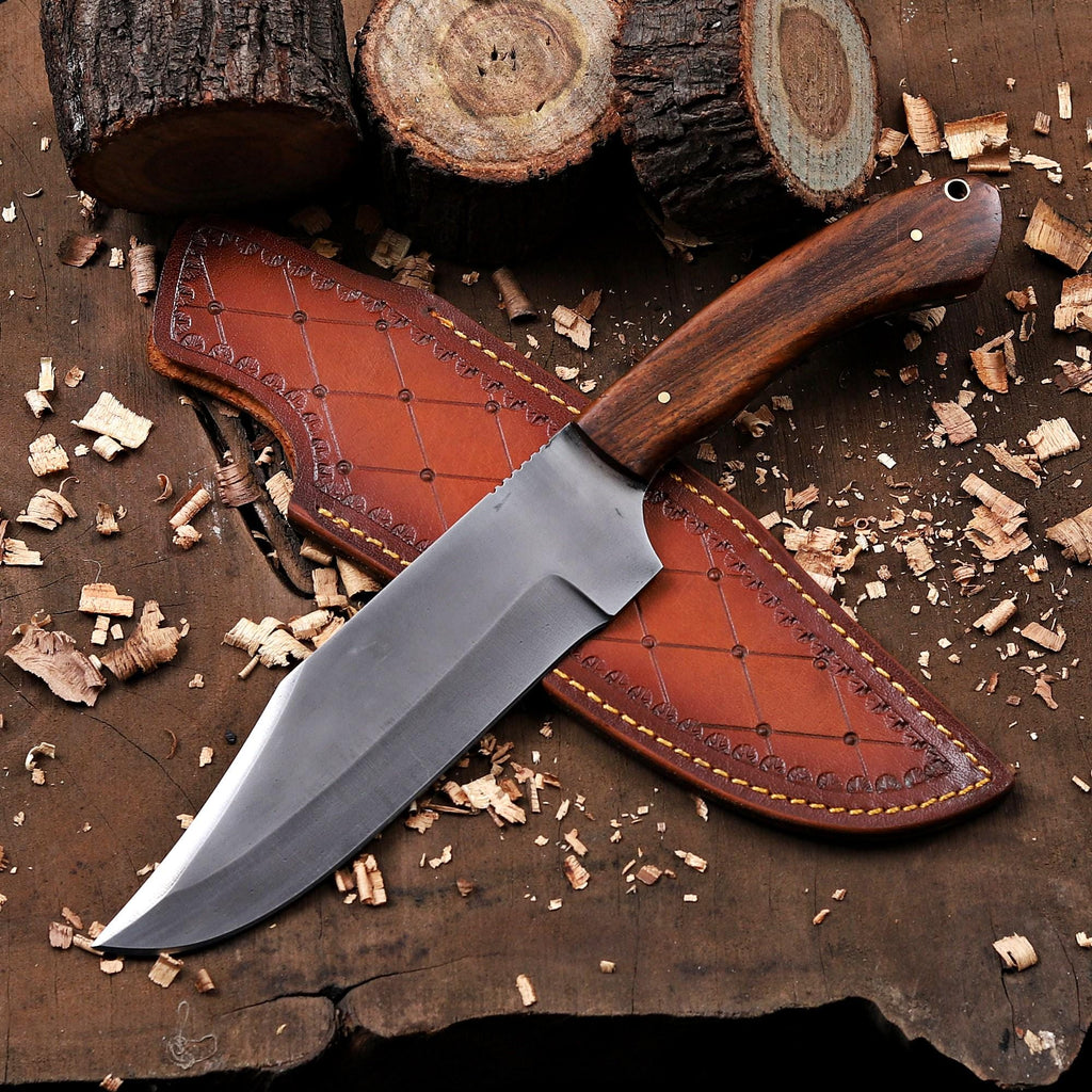 Personalized Hunting Knife with Wooden Handle & Leather Sheath