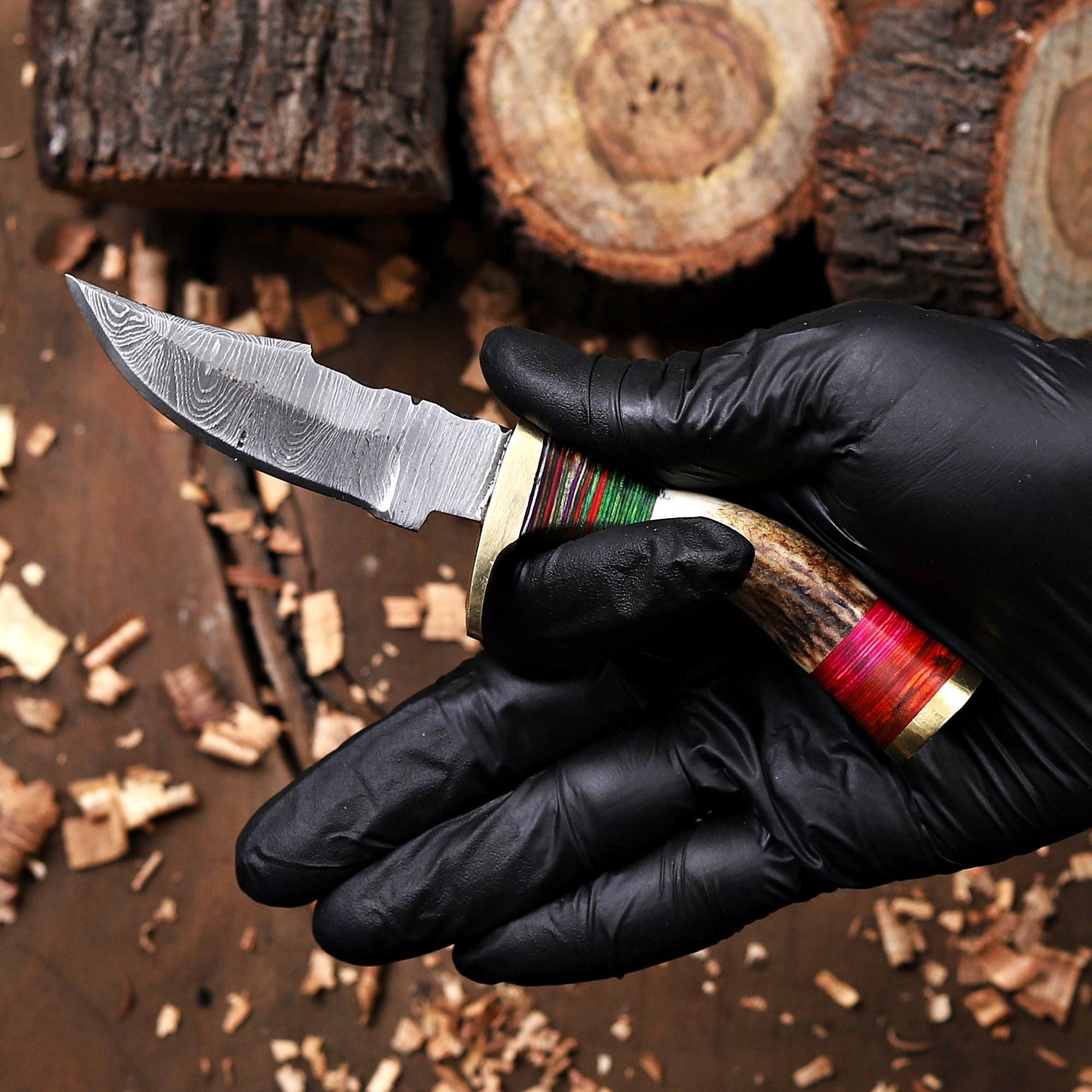 Stag Antler Damascus Steel EDC Knife with Sheath