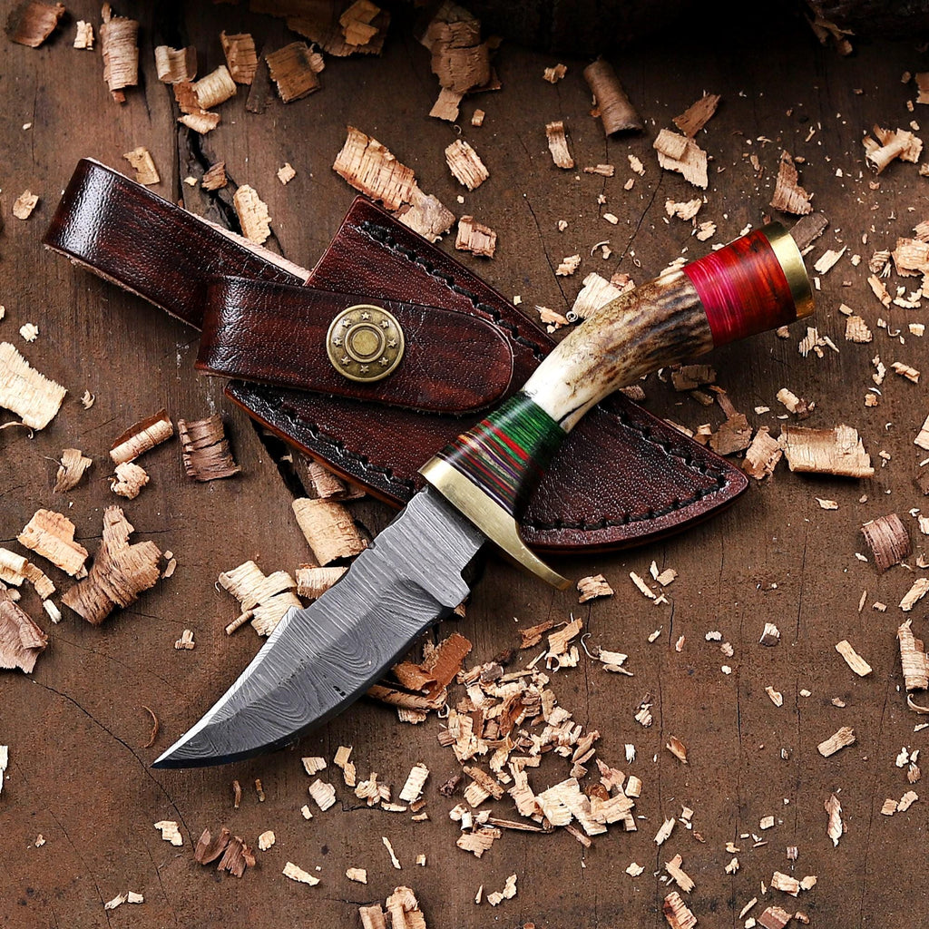 Stag Antler Damascus Steel EDC Knife with Sheath
