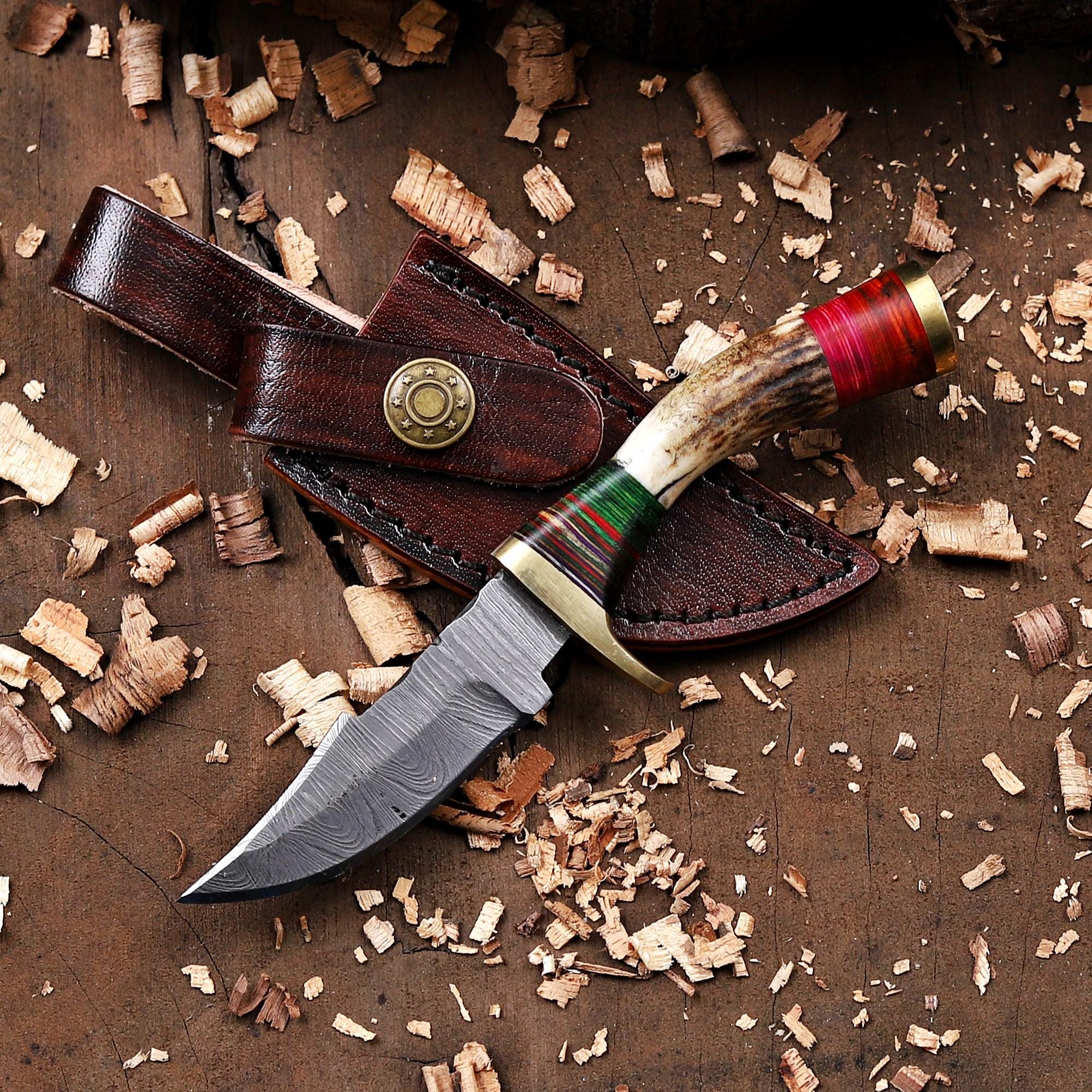 Stag Antler Damascus Steel EDC Knife with Sheath