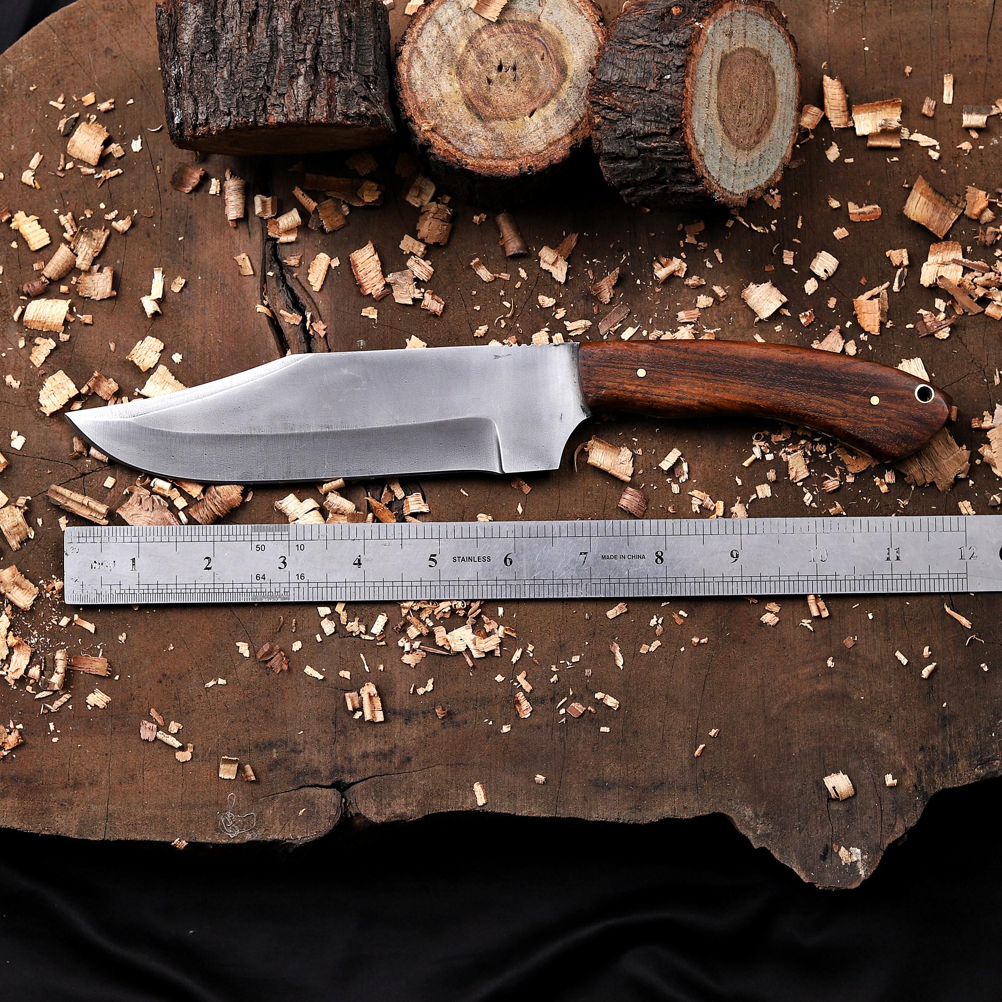 Personalized Hunting Knife with Wooden Handle & Leather Sheath
