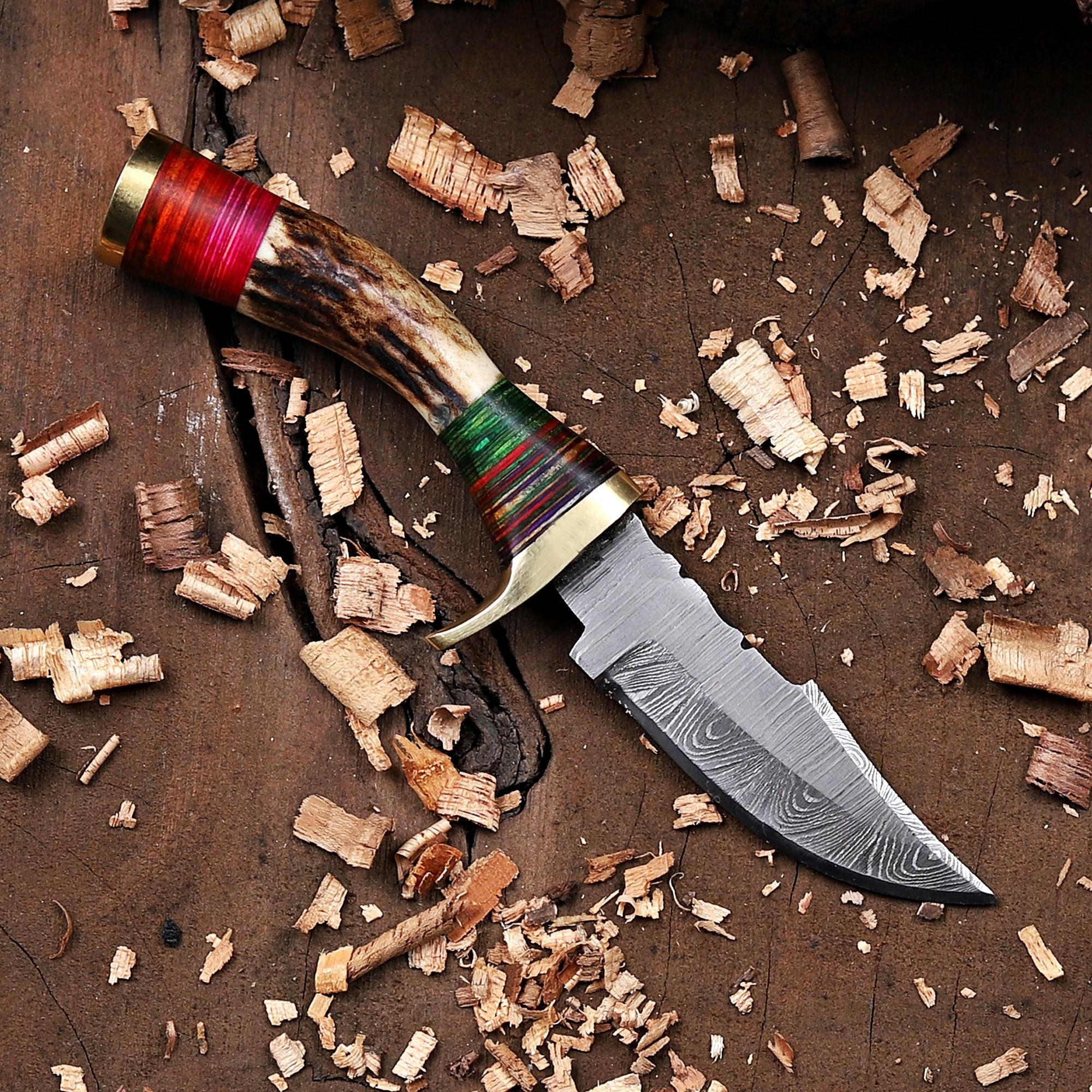 Stag Antler Damascus Steel EDC Knife with Sheath