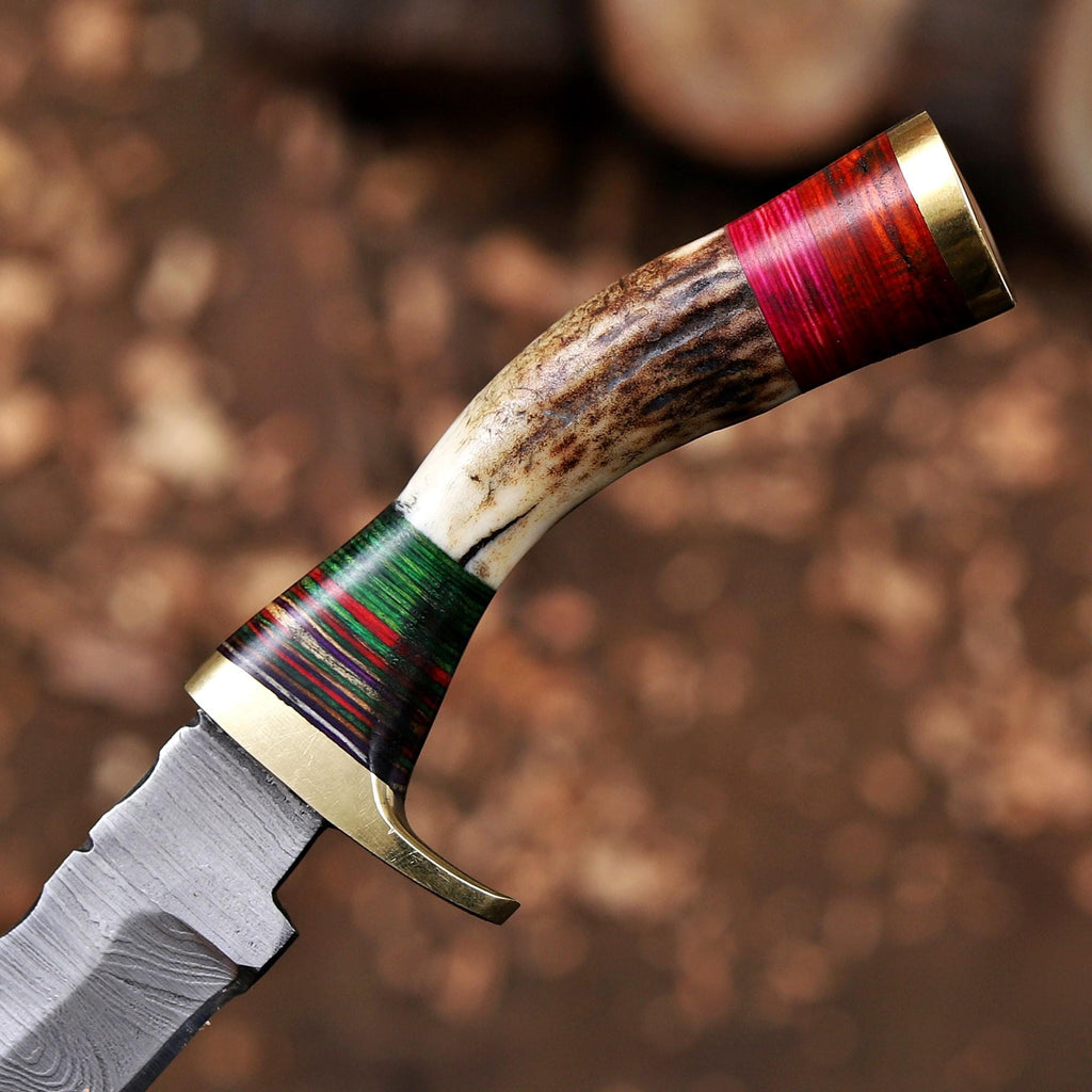Stag Antler Damascus Steel EDC Knife with Sheath