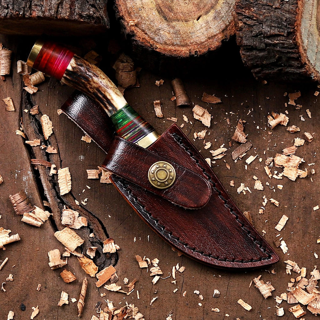 Stag Antler Damascus Steel EDC Knife with Sheath