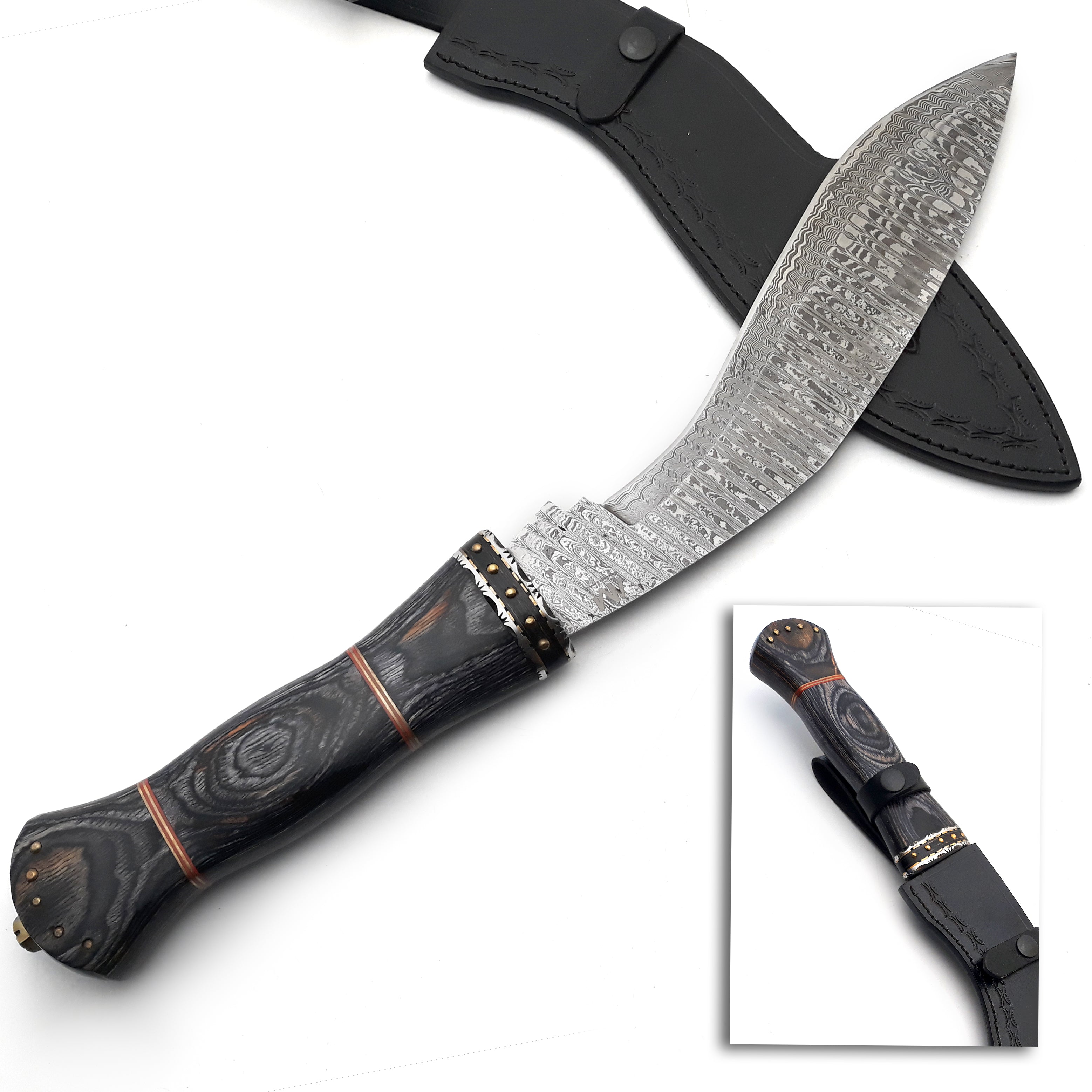 Handmade Damascus Kukri Knife with Leather Sheath