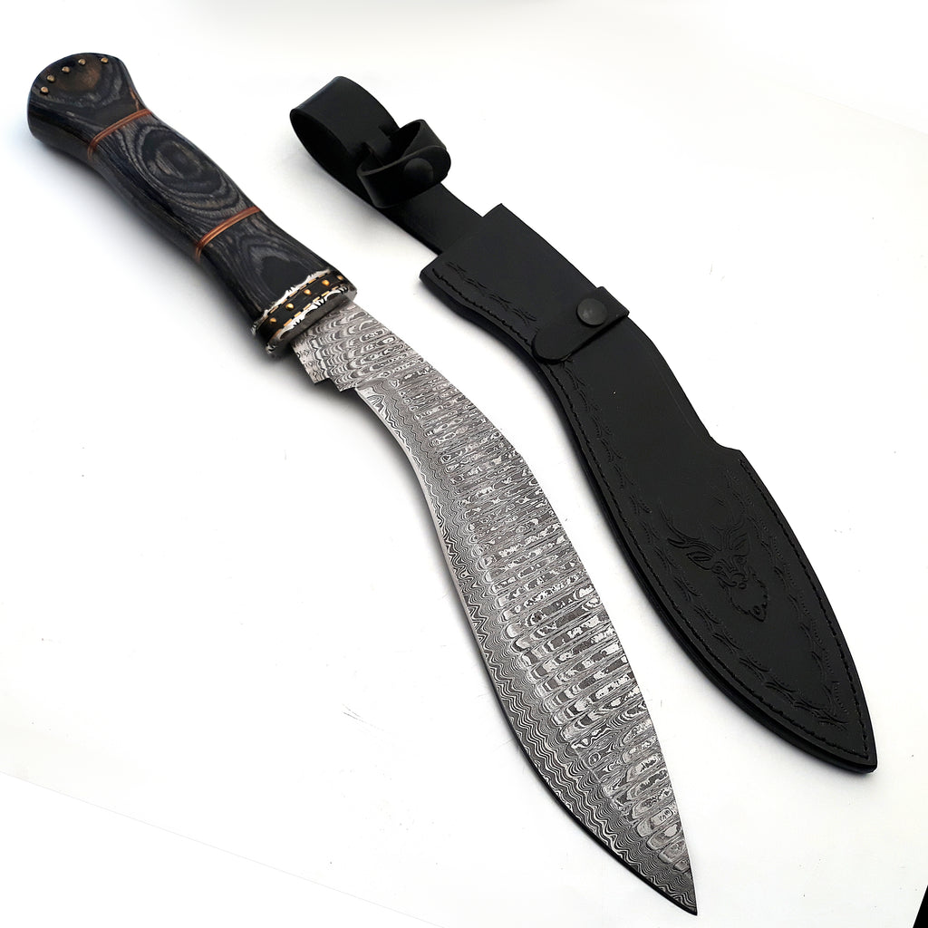 Handmade Damascus Kukri Knife with Leather Sheath