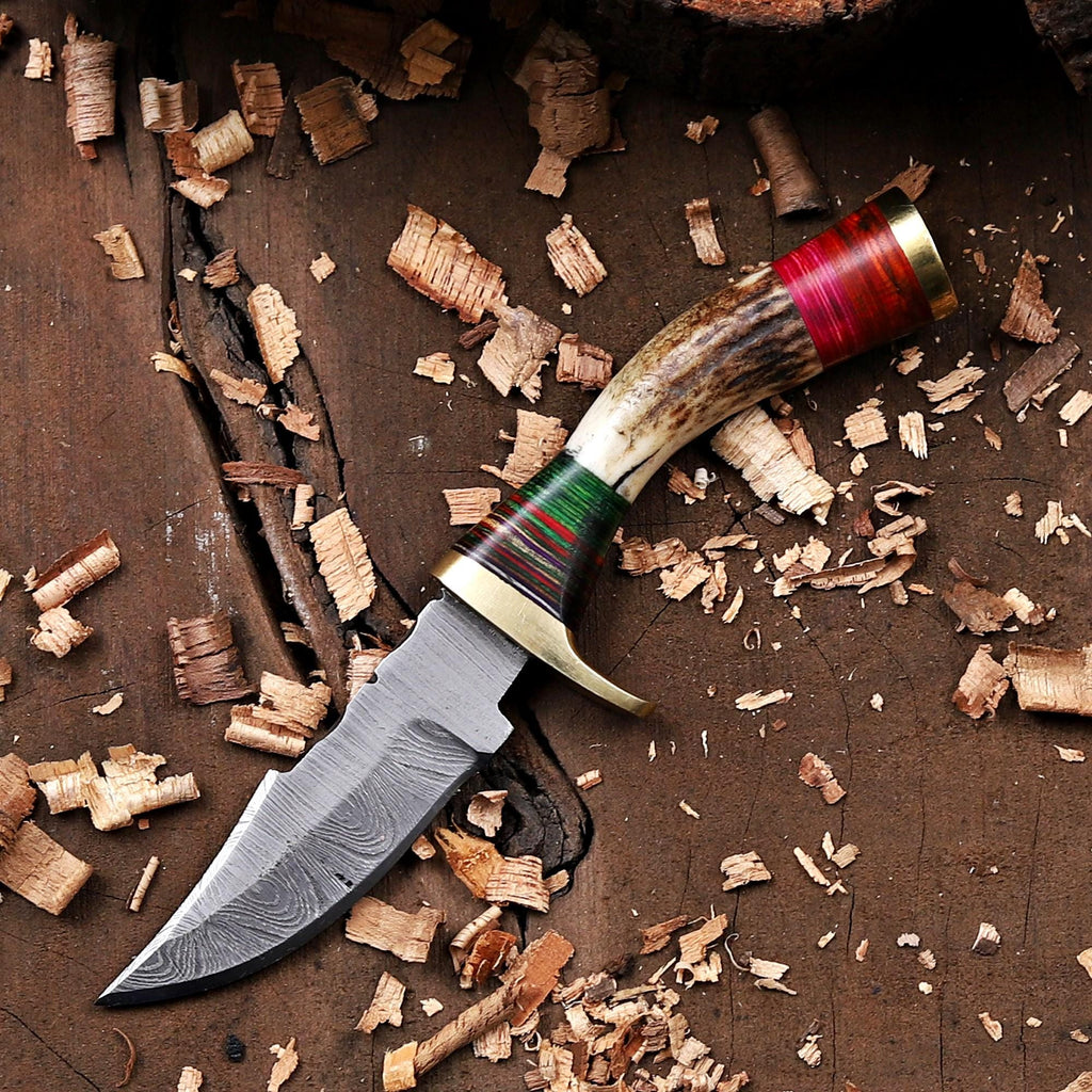 Stag Antler Damascus Steel EDC Knife with Sheath