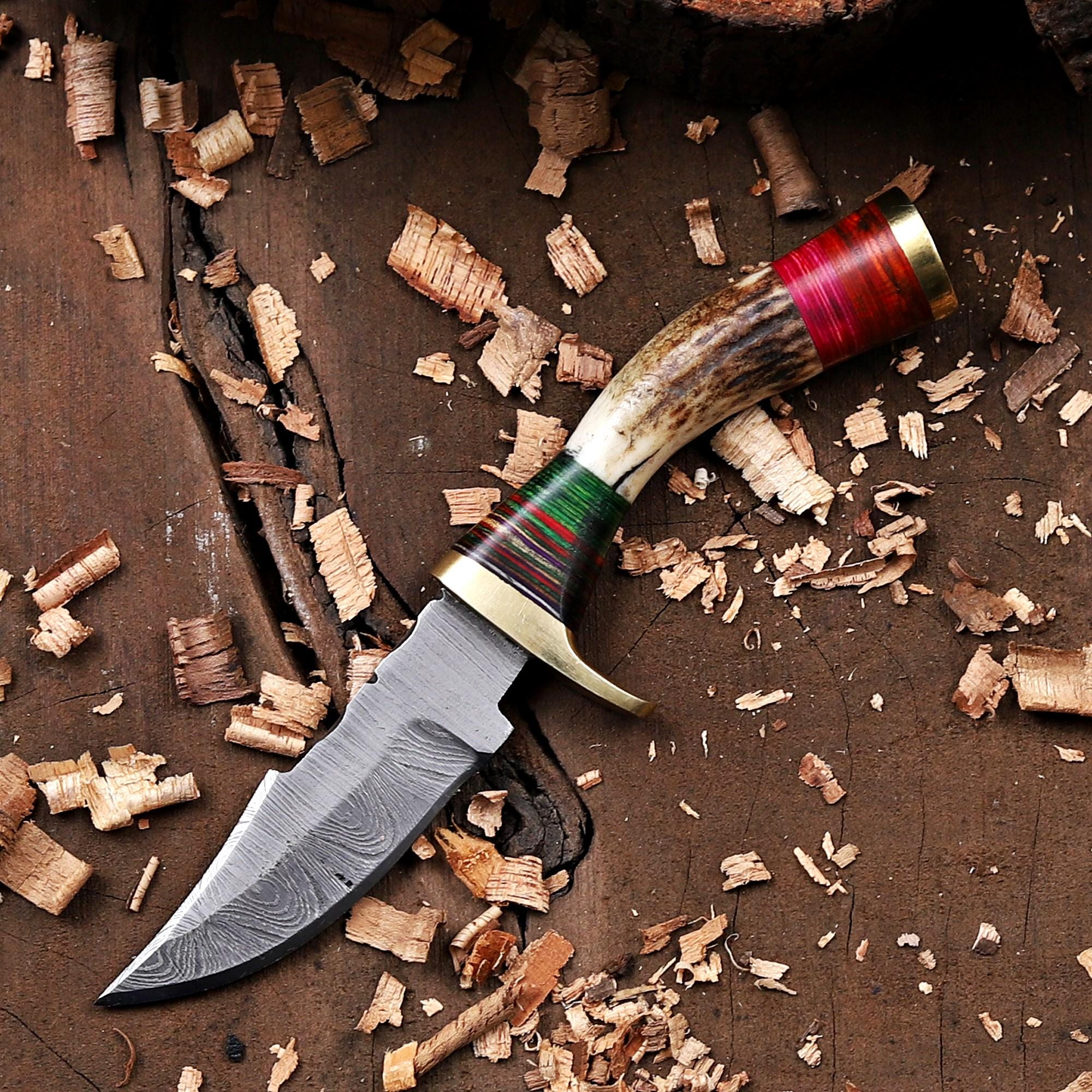Stag Antler Damascus Steel EDC Knife with Sheath