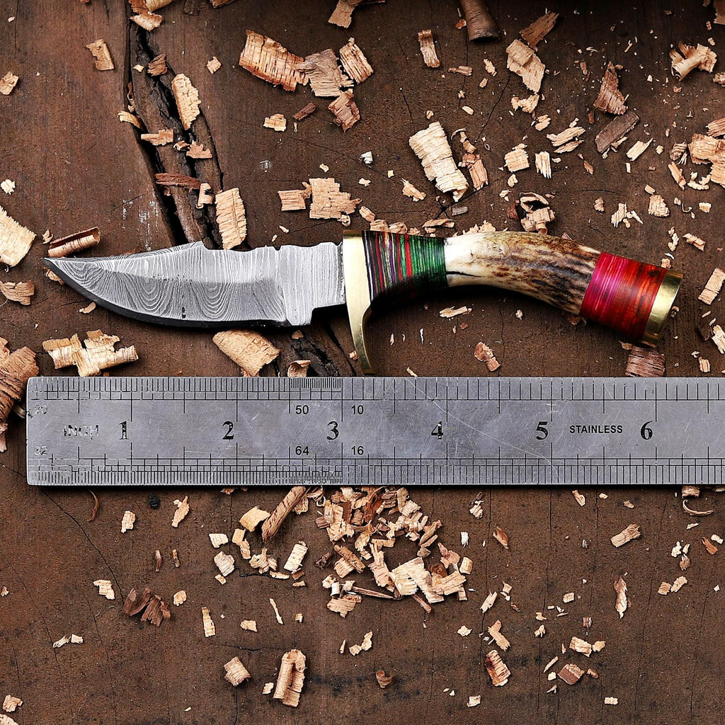 Stag Antler Damascus Steel EDC Knife with Sheath