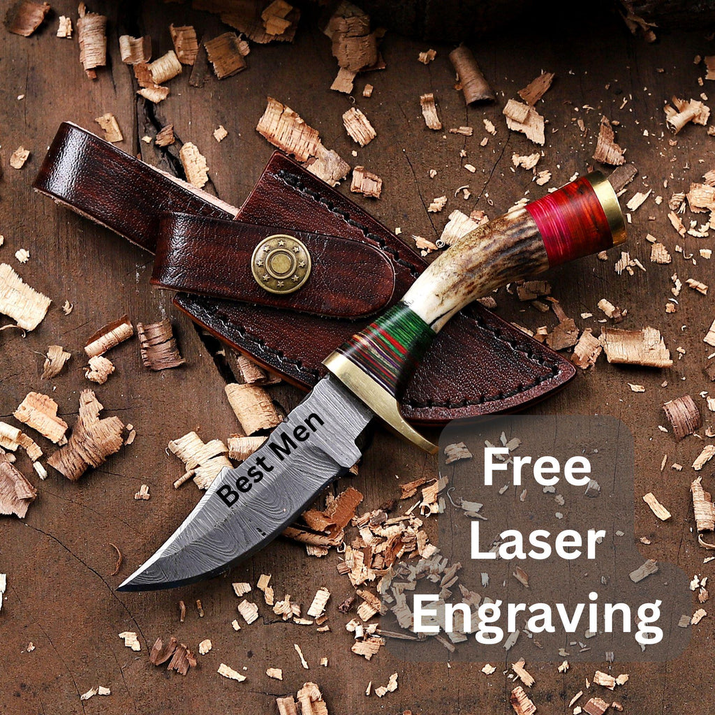 Stag Antler Damascus Steel EDC Knife with Sheath