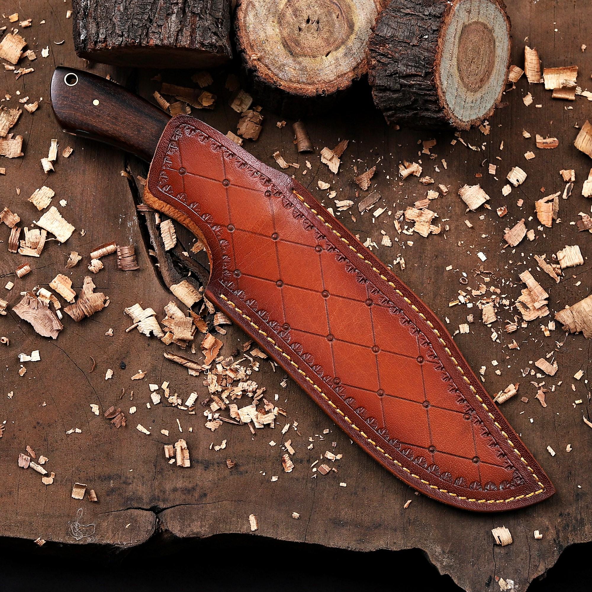 Personalized Hunting Knife with Wooden Handle & Leather Sheath
