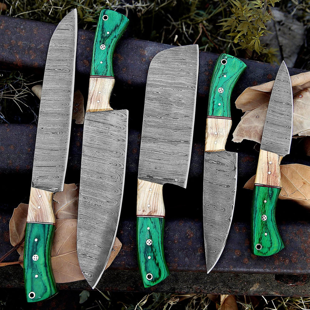 Handmade Damascus Chef Knife Set – Green Wood Handles