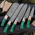 Handmade Damascus Chef Knife Set – Green Wood Handles
