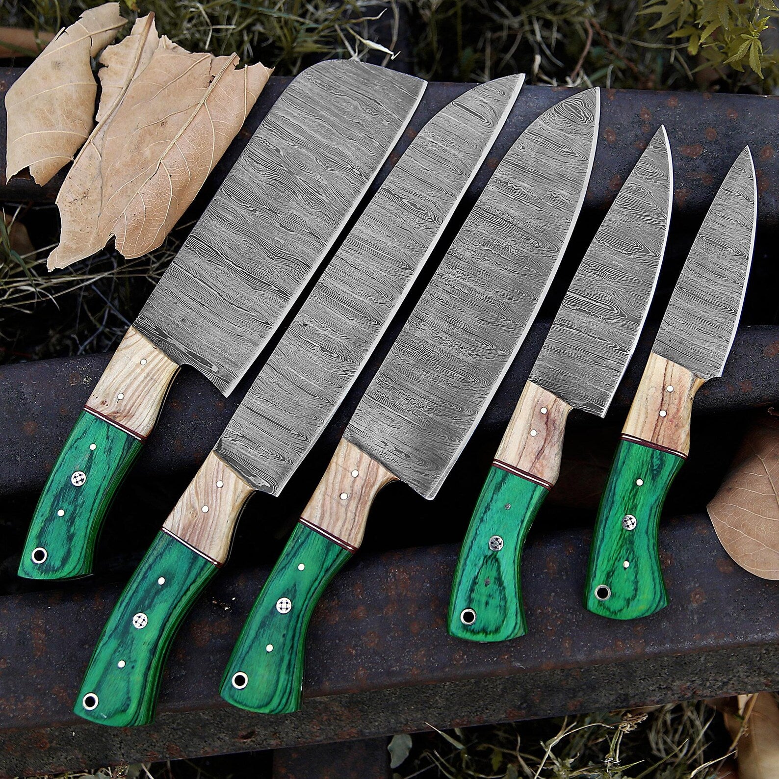Handmade Damascus Chef Knife Set – Green Wood Handles