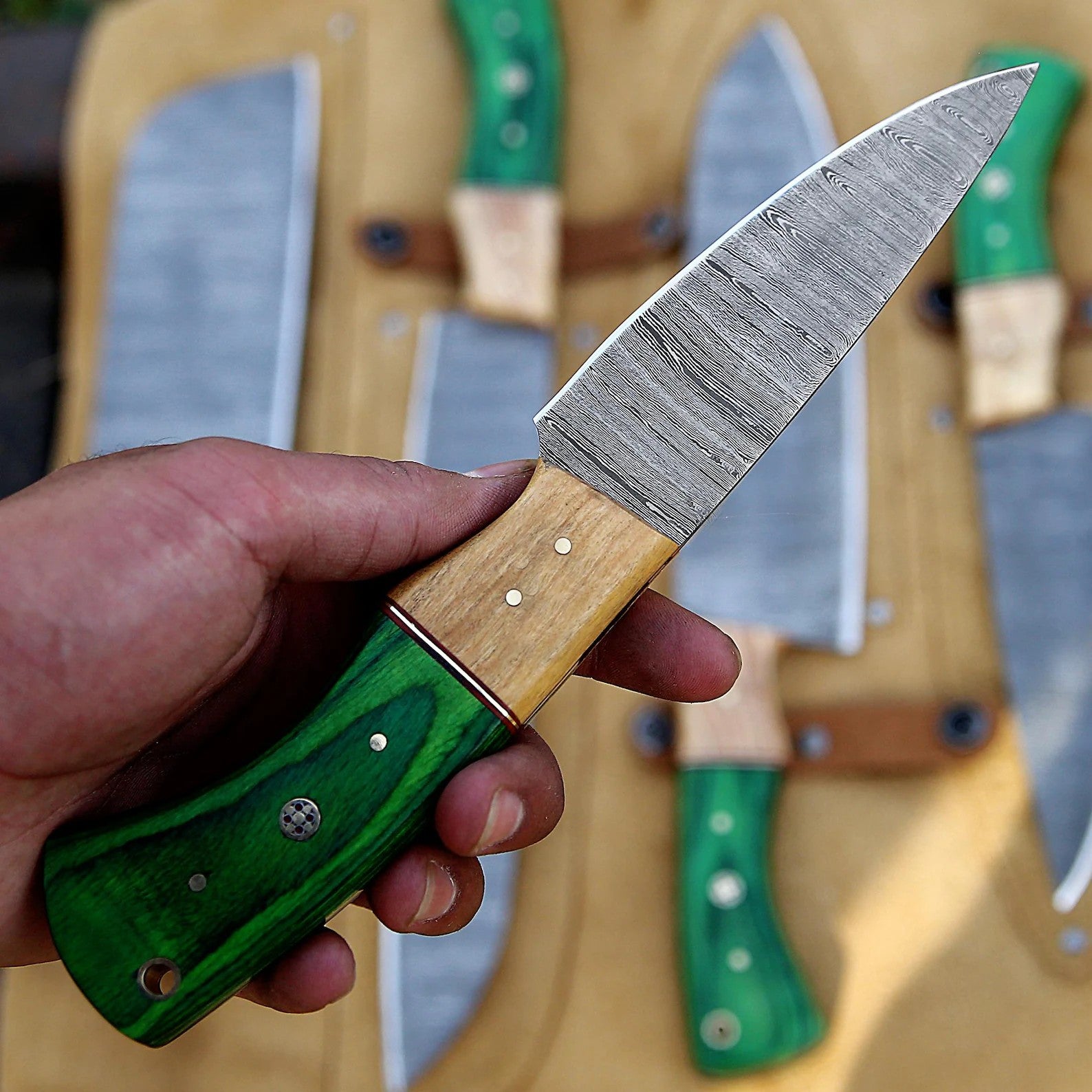 Handmade Damascus Chef Knife Set – Green Wood Handles