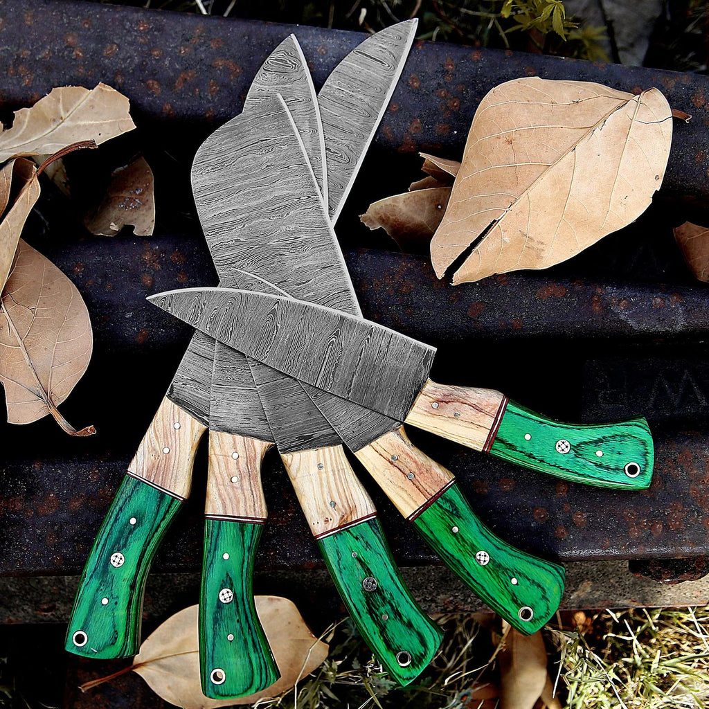 Handmade Damascus Chef Knife Set – Green Wood Handles