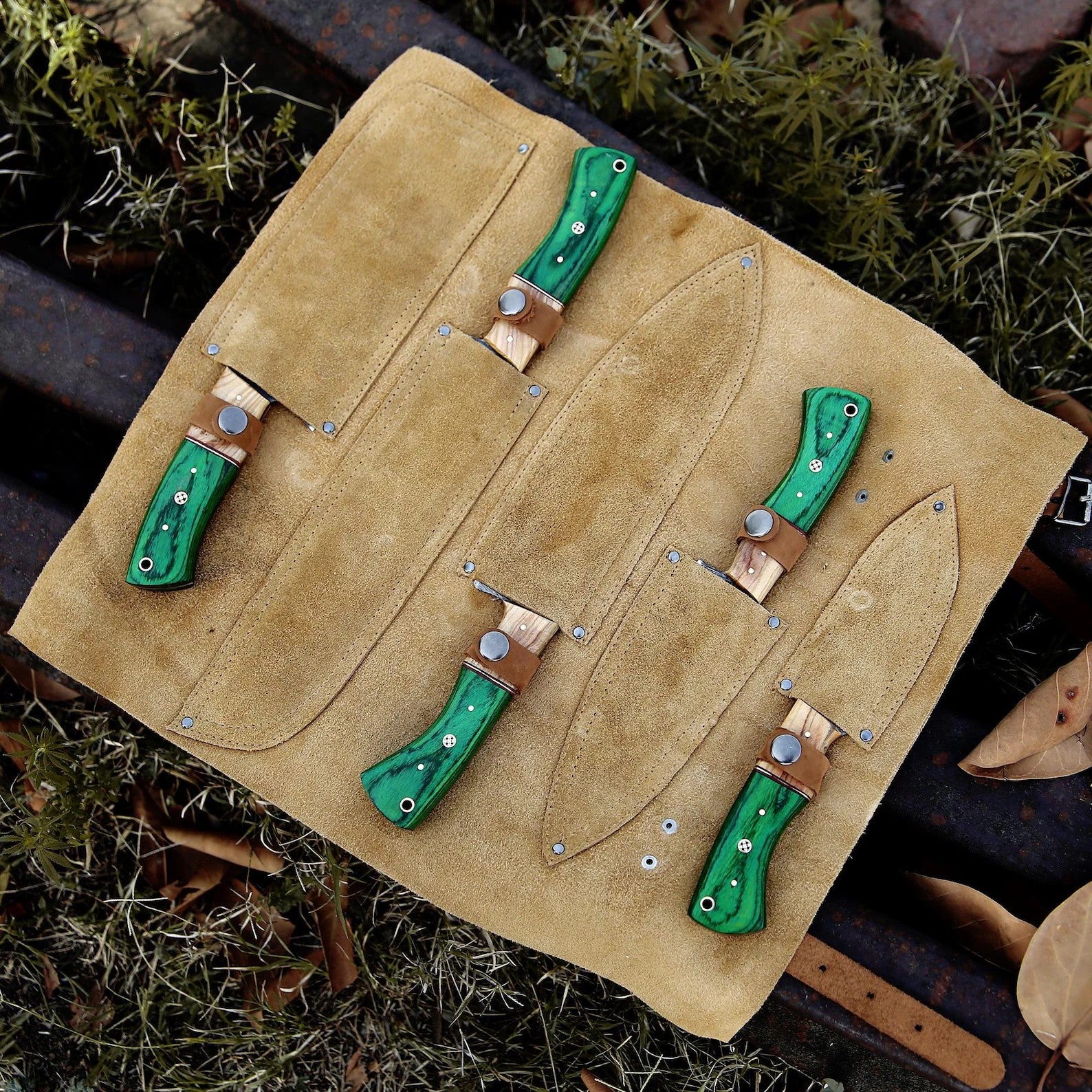 Handmade Damascus Chef Knife Set – Green Wood Handles