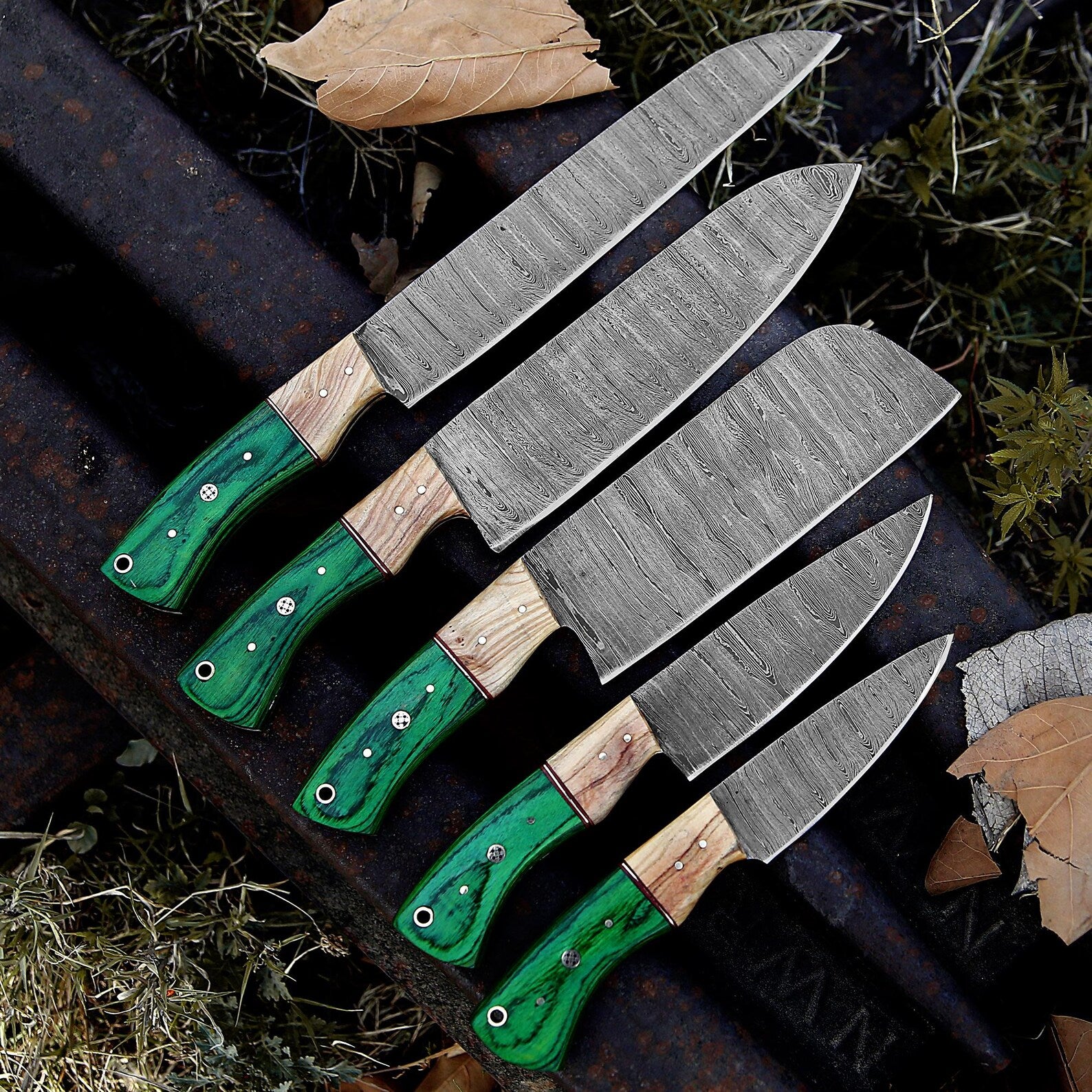 Handmade Damascus Chef Knife Set – Green Wood Handles