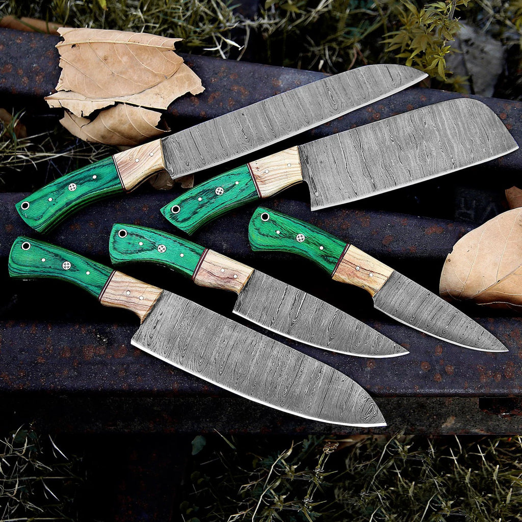Handmade Damascus Chef Knife Set – Green Wood Handles