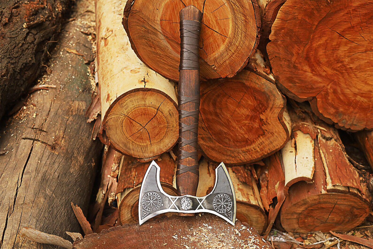 Viking Double-Headed Battle Axe – Norse Engraved Steel with Leather Sheath