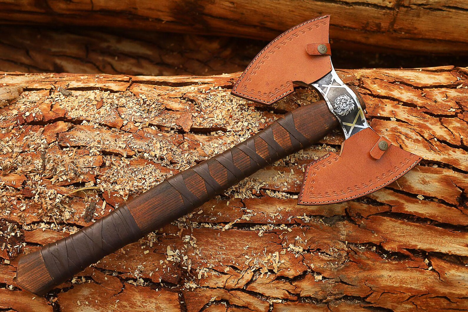 Viking Double-Headed Battle Axe – Norse Engraved Steel with Leather Sheath