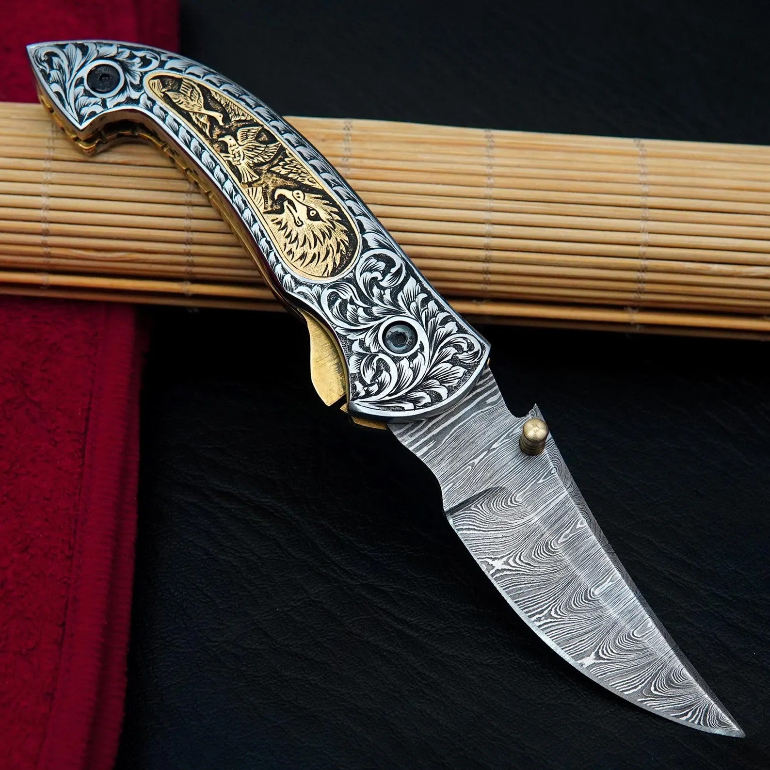 Nordic Forge Hand Engraved Damascus Folding Knife