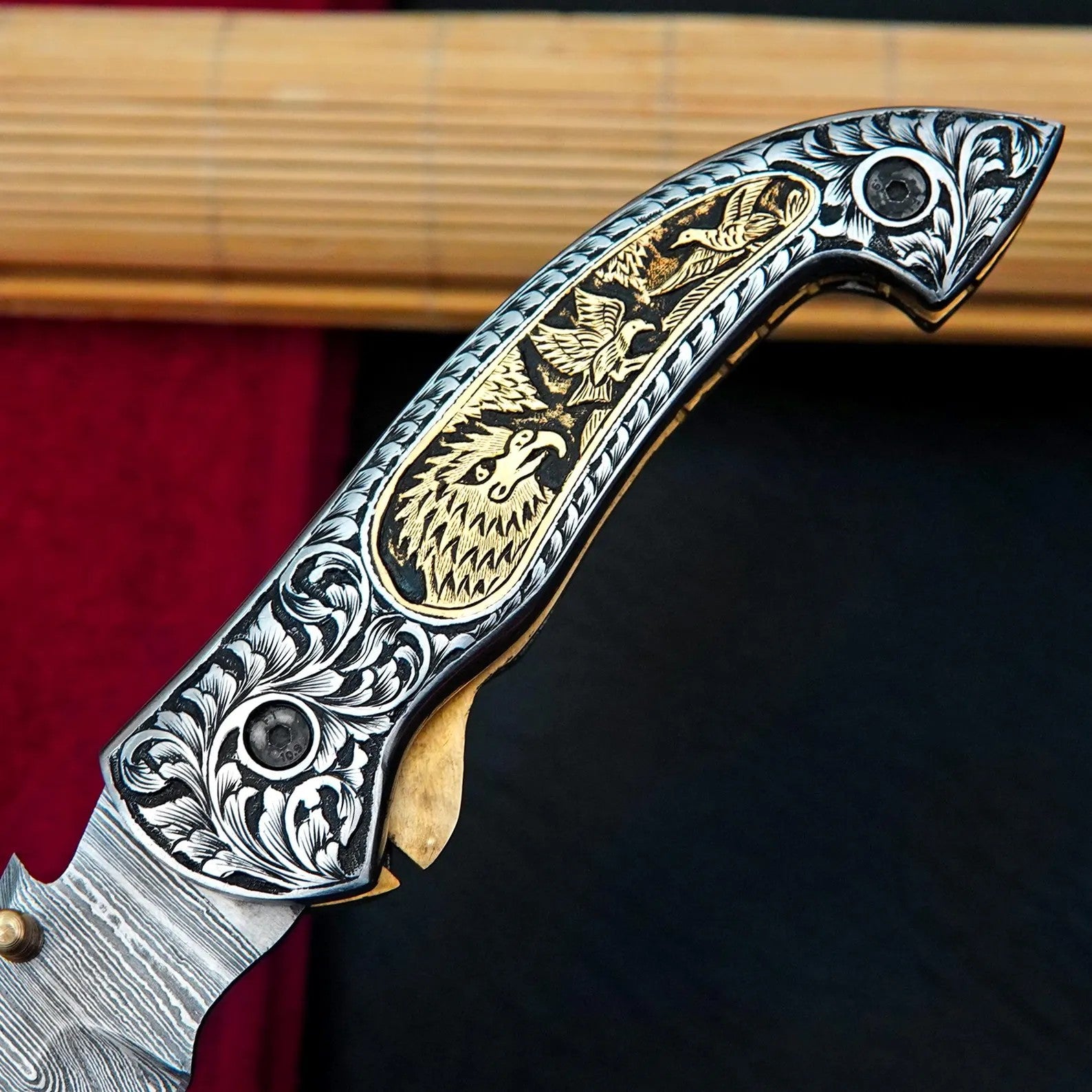 Nordic Forge Hand Engraved Damascus Folding Knife