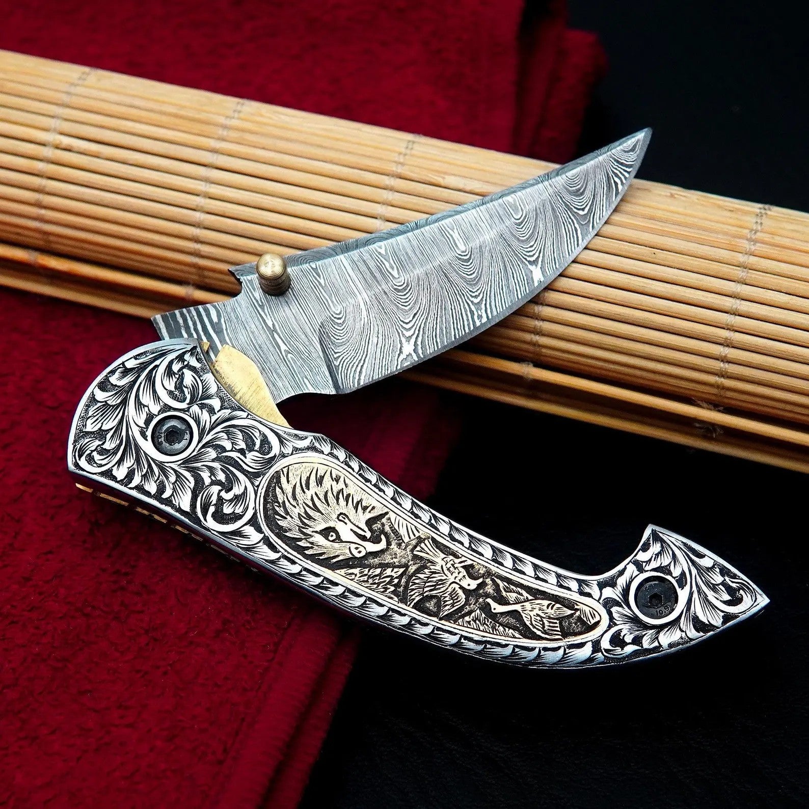 Nordic Forge Hand Engraved Damascus Folding Knife