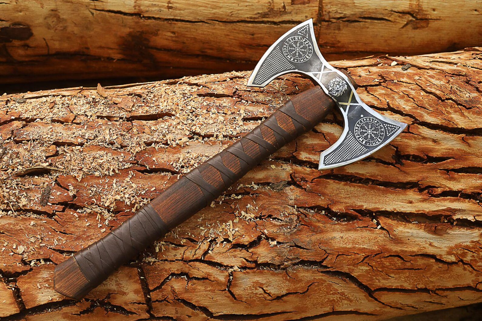 Viking Double-Headed Battle Axe – Norse Engraved Steel with Leather Sheath