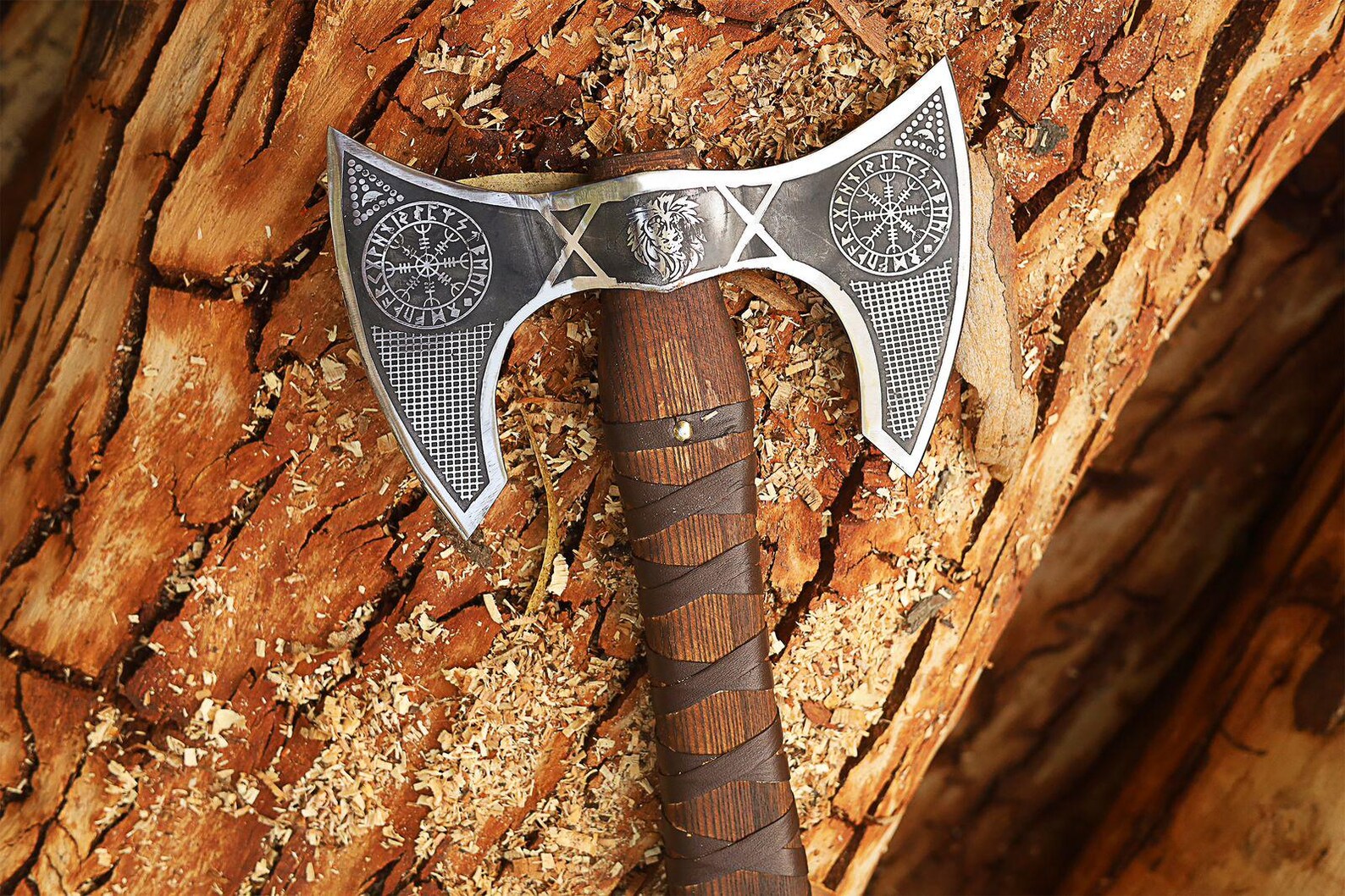 Viking Double-Headed Battle Axe – Norse Engraved Steel with Leather Sheath