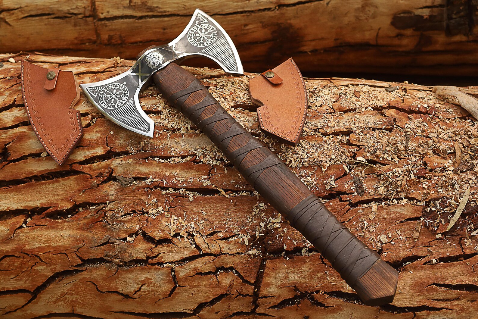 Viking Double-Headed Battle Axe – Norse Engraved Steel with Leather Sheath
