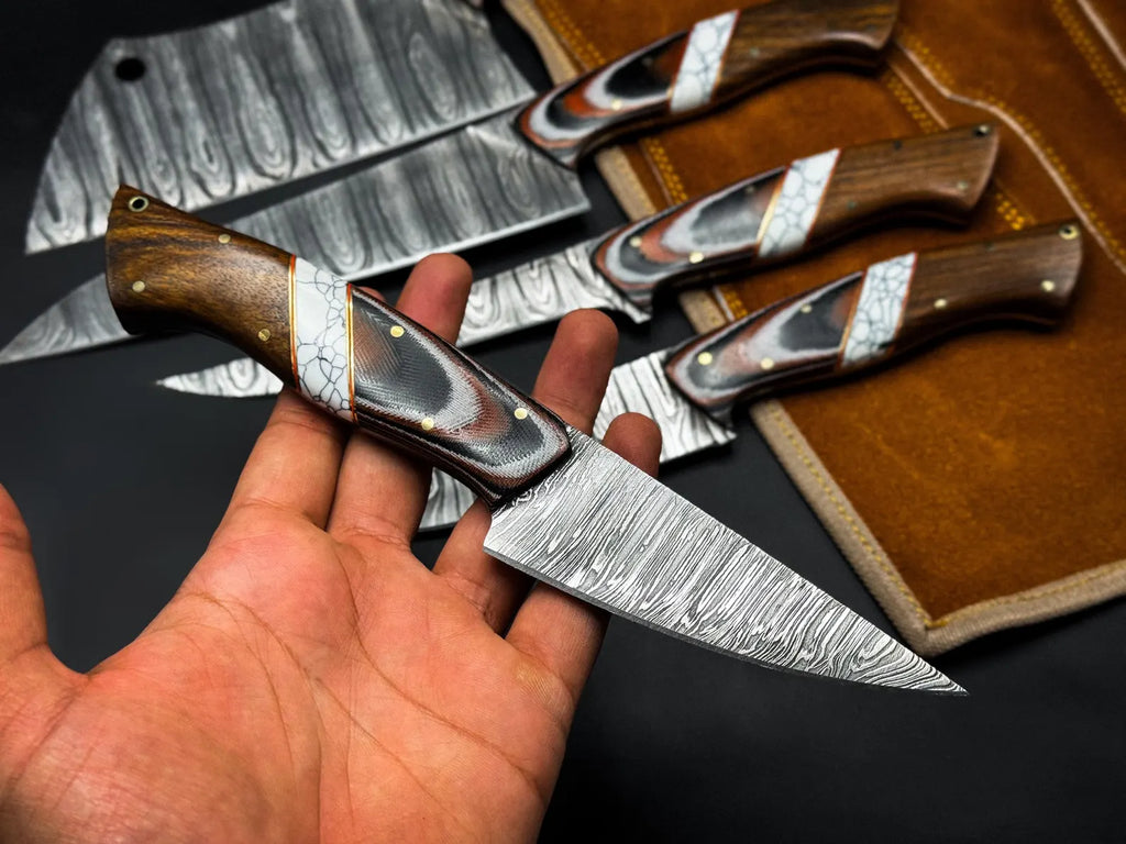 Handmade Damascus Chef Knife Set – Professional Kitchen Knives with Wooden Handles