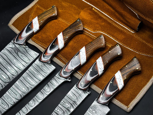 Handmade Damascus Chef Knife Set – Professional Kitchen Knives with Wooden Handles