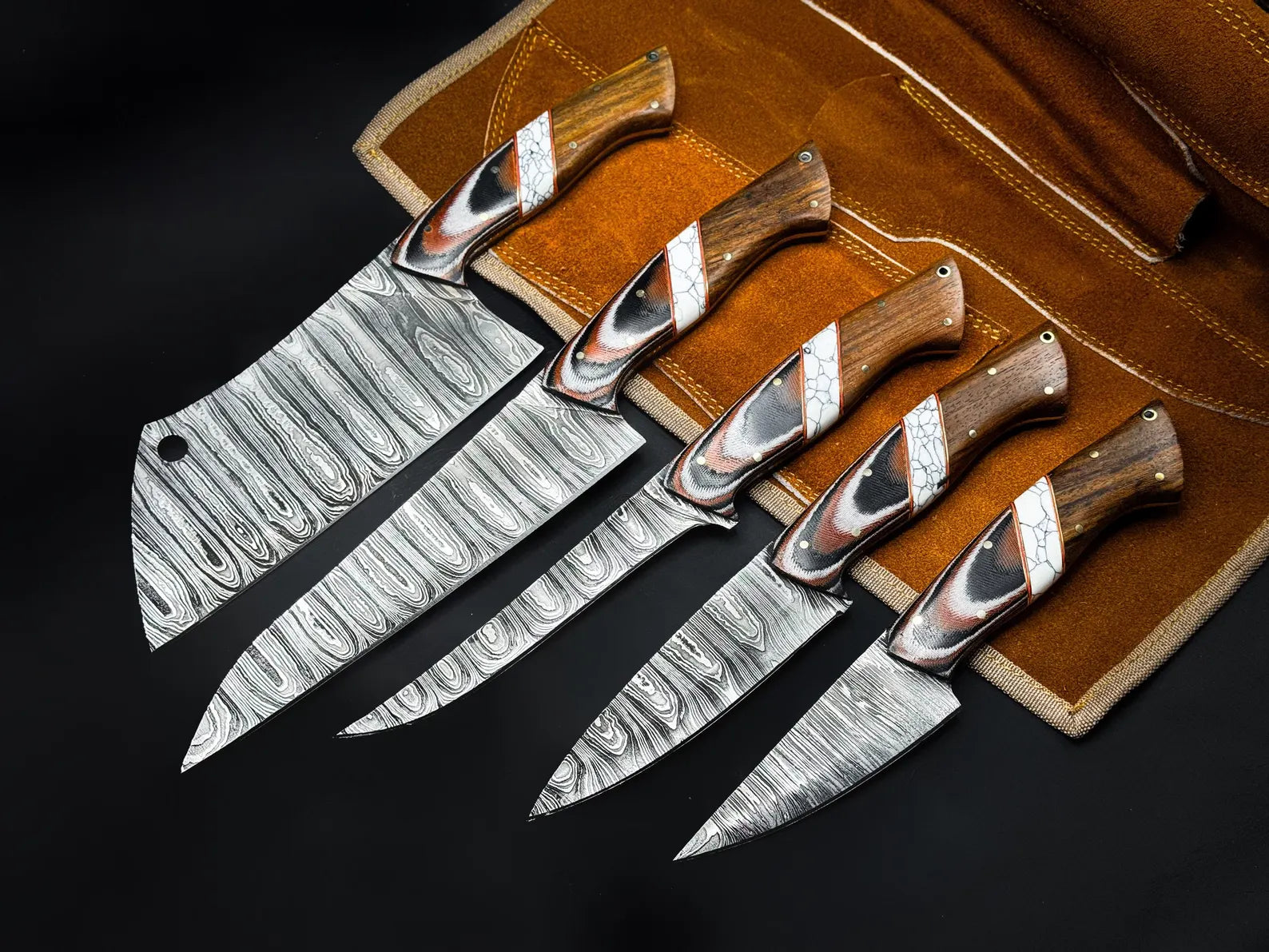 Handmade Damascus Chef Knife Set – Professional Kitchen Knives with Wooden Handles