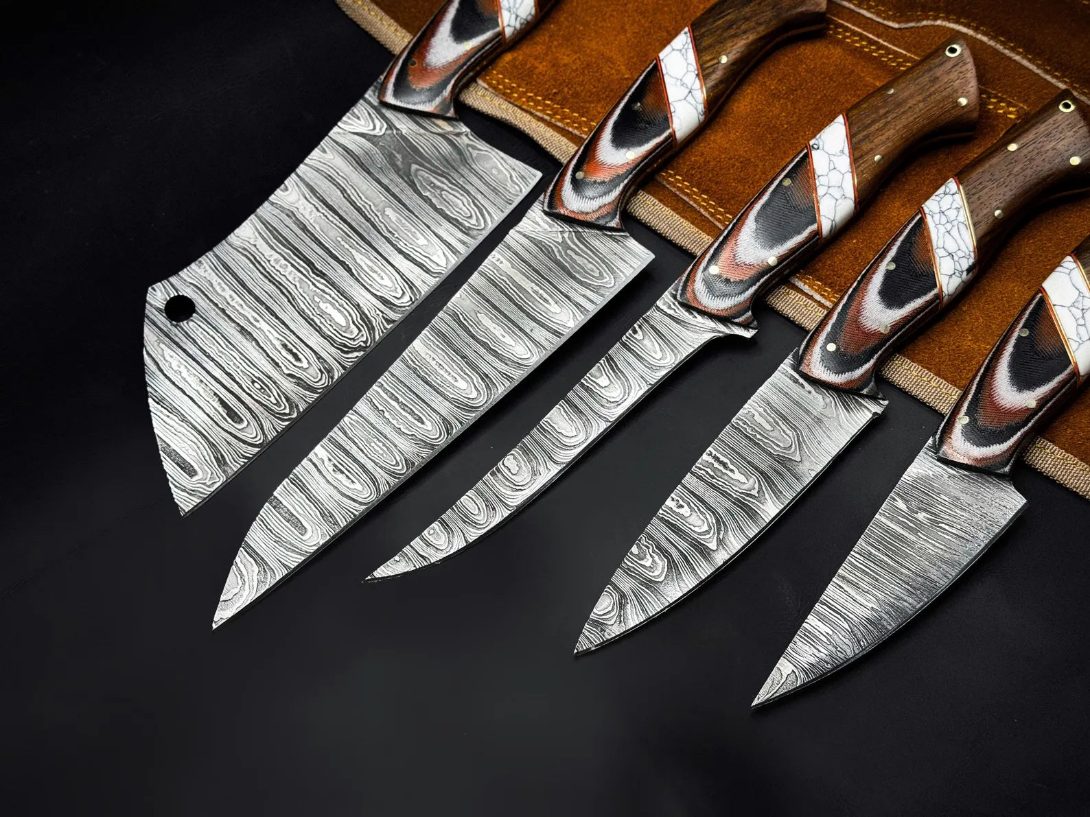 Handmade Damascus Chef Knife Set – Professional Kitchen Knives with Wooden Handles