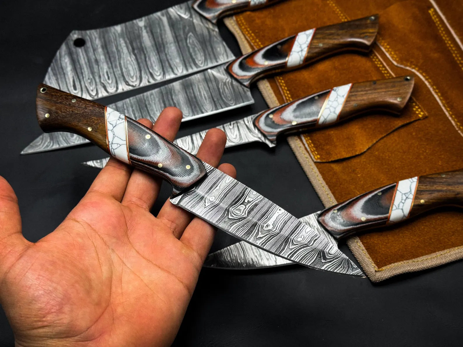 Handmade Damascus Chef Knife Set – Professional Kitchen Knives with Wooden Handles