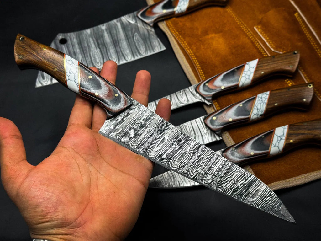 Handmade Damascus Chef Knife Set – Professional Kitchen Knives with Wooden Handles