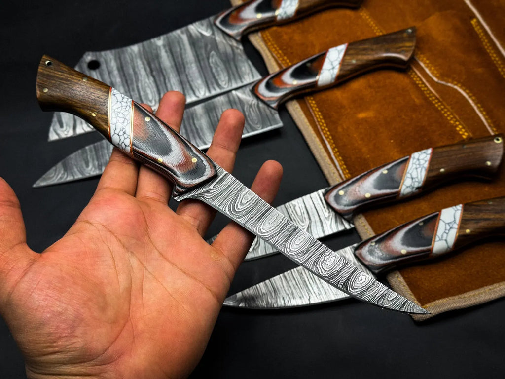 Handmade Damascus Chef Knife Set – Professional Kitchen Knives with Wooden Handles