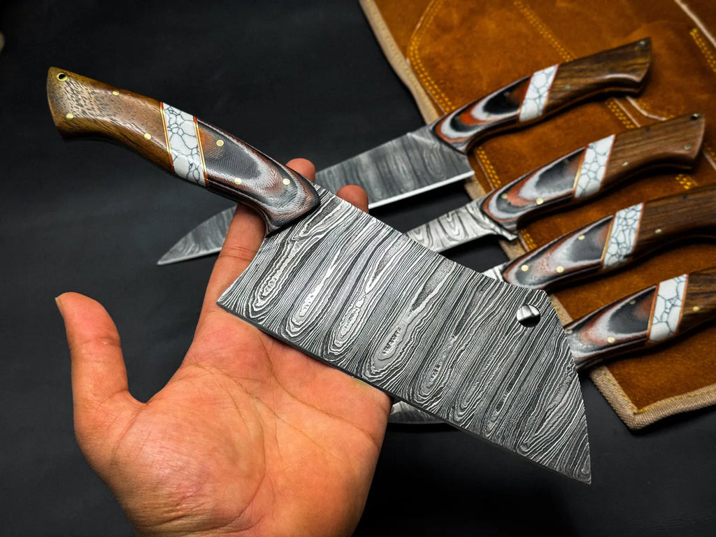 Handmade Damascus Chef Knife Set – Professional Kitchen Knives with Wooden Handles
