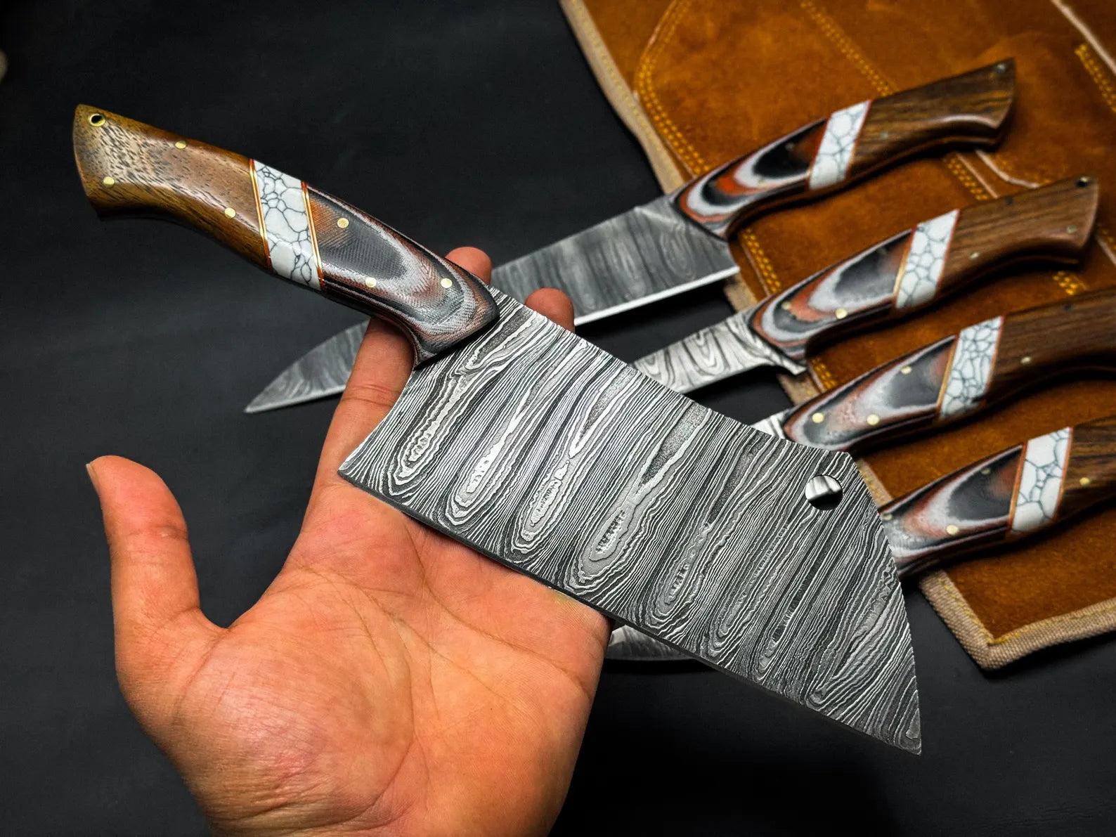 Handmade Damascus Chef Knife Set – Professional Kitchen Knives with Wooden Handles