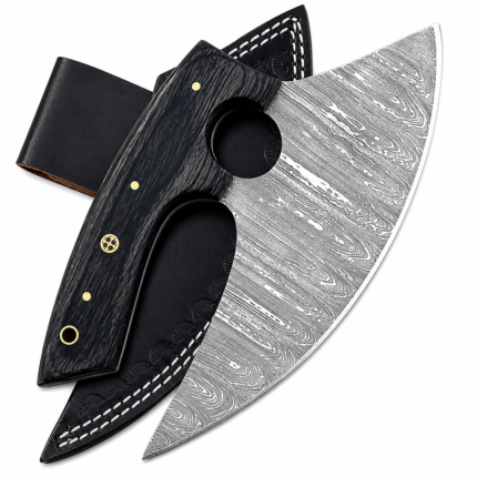 Custom Handmade Damascus Steel Alaskan Ulu Knife Leather Sheath Pakka Wood Handle Pizza Cutter Forged Blade Ambidextrous Knives
