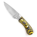 Full view of fixed-blade knife featuring a satin metallic blade and black-yellow layered handle with circular opening.