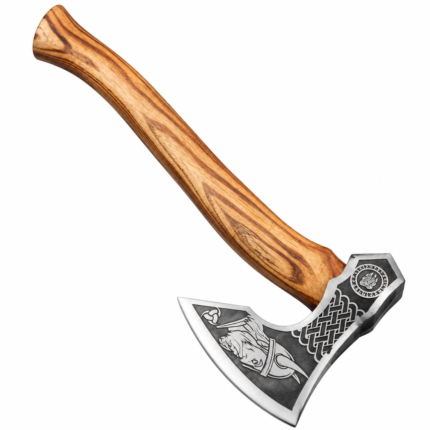 Viking Engraved Axe with curved brown wood-grain handle and silver-and-black head featuring Viking figure and knotwork artwork