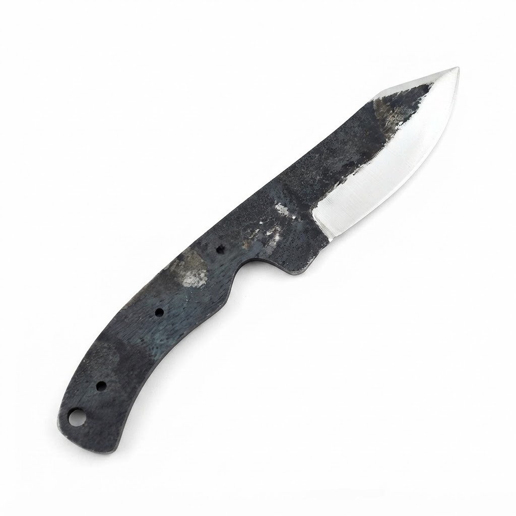 01c9ee1c-42d0-48fd-8ec9-4d2028a8d74a Rustic Black Skinner Knife Blank with mottled dark blade, curved silver cutting bevel, exposed full tang and four visible handle holes