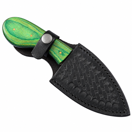 Damascus Steel Skinning Knife with curved patterned blade, circular finger hole, bright green wood-grain handle, and four brass-colored pins