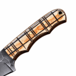 Curved blade hunting knife with dark gray steel blade, decorative cream-and-brown wood-grain handle, black geometric inlays, three brass-colored pins, and lanyard hole