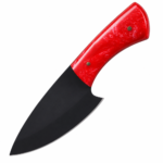 Red Handle EDC Knife with matte black drop point blade, glossy red marbled handle, and two brass-colored pins, held in a black-gloved hand