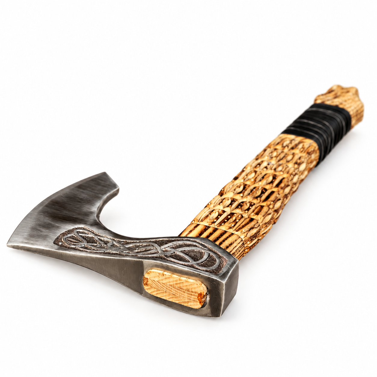 Engraved Celtic Viking Axe Engraved Celtic Viking Axe with silver curved blade, intricate Celtic knotwork, carved golden-brown wooden handle, and black-wrapped grip.