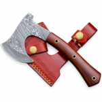 Damascus Bearded Hatchet with patterned silver-grey axe head, reddish-brown wooden-look handle and matching decorative sheath